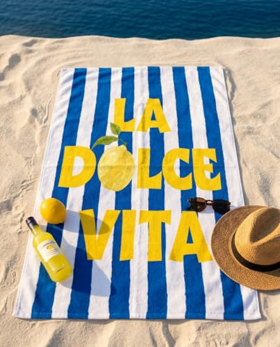 Aymax, Drap de Plage 100x180 cm 100% Polyester | La Dolce Vita Citron Rayures Bleu & Jaune Méditerranée XL