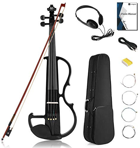 Vangoa Electric Violin Full Size 4/4, Black Silent Electric Violin, Solid Wood Metallic Electric Fiddle with Ebony Fittings, Beginner Kit for Adults Teens