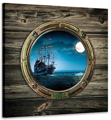 Biuteawal - Full Moon Night Ocean Window View Canvas Wall Art Sailing Boat Picture Seascape Painting Prints Contemporary Artwork for Home Office Decor Gallery Wrapped Ready to Hang