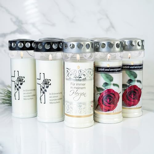 Hofer Lot de 12 bougies funéraires - Durée de combustion de 7 jours - L'original [Ewigkeit Select] - Avec couvercle - Bougie funéraire avec motif et inscription - Bougies pour décoration funéraire et