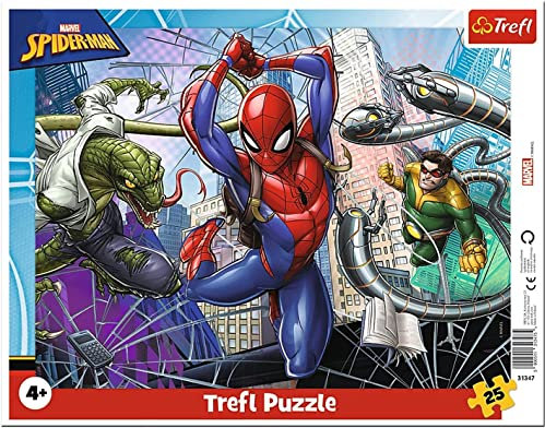 Trefl, Puzzle, Rahmenpuzzle mit Unterlage, 25 Teile, Mutiger Spiderman, für Kinder ab 4 Jahren 31347 Farbig