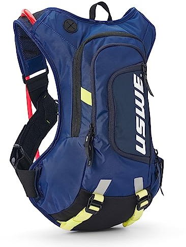 USWE Moto Hydro - Zaino idrico da 8 l con sacca d'acqua da 3,0 l, zaino di fascia alta, senza rimbalzo, per moto enduro e fuoristrada, nero e blu