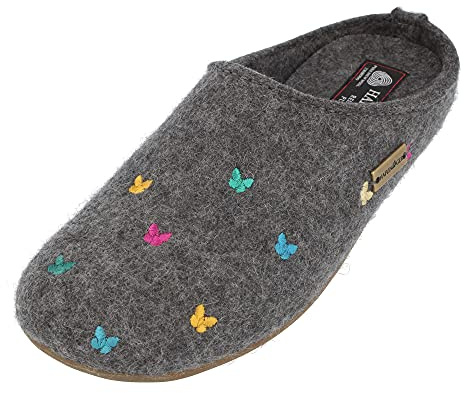 HAFLINGER Farfalline Wool Felt Butterfly Motif Womens Slip On Mule Slippers Unisex Grey (Anthracite 04) EU 36
