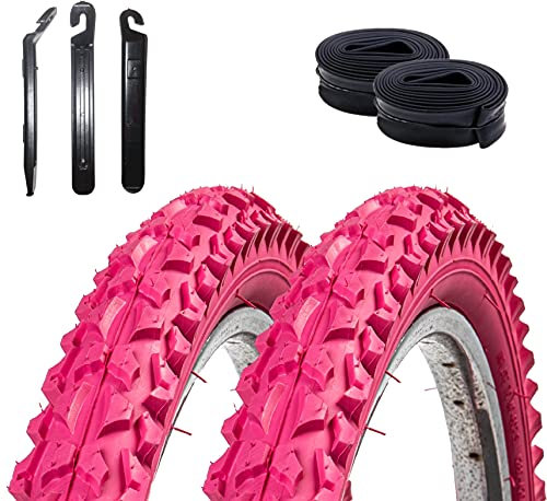 2 x Roverstone 24 Fahrradreifen Fahrradmantel rosa 57-507 (24x2,125) + 2 Schläuche DV inkl. 3 Reifenheber