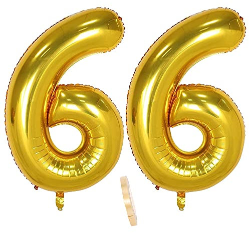 2 globos numeros 66 años, Number globo número 66 Dorado para Hombres Mujeres niños,40 Figuras Gold globo de lámina de helio inflable, gigante grande decoración fiesta de cumpleaños boda (xxxl 100cm)