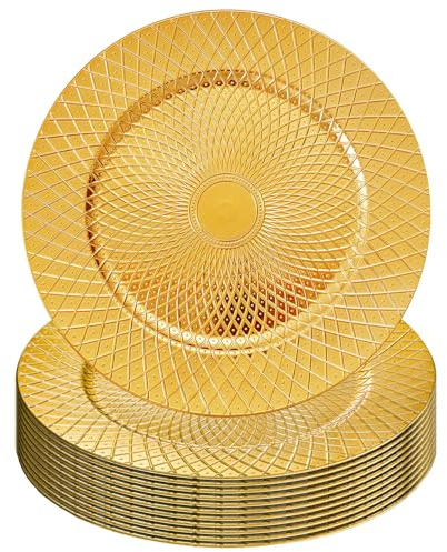Frcctre 12 Pack Round Charger Plates, 13 Inch Decorative Gold Plastic Charger Dinner Plates, Reusable Elegant Diamond Pattern Serving Plates for Wedding, Dinner Party, Event Table Decoration