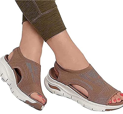 MYENA 2022 Neue Frauen Sommer Waschbare Flache orthopädische Slide-Sportsandalen, Damen-Mesh-obere atmungsaktive Stretch-Sandalen-Plattform-Hausschuhe,Grau,39