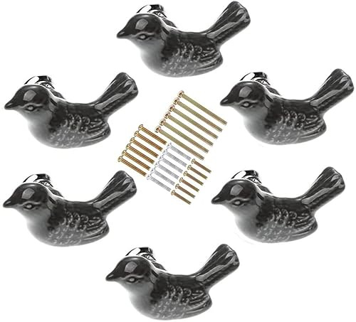 MayGreeny 6 Stück Knauf für Schrank, Möbelknöpfe Vintage, Vogelförmige Keramik-Türknöpfe für Kommode Schränke, Schrankknöpfe, Schubladenknöpfe, Schublade, Schranktürknöpfe, Grau