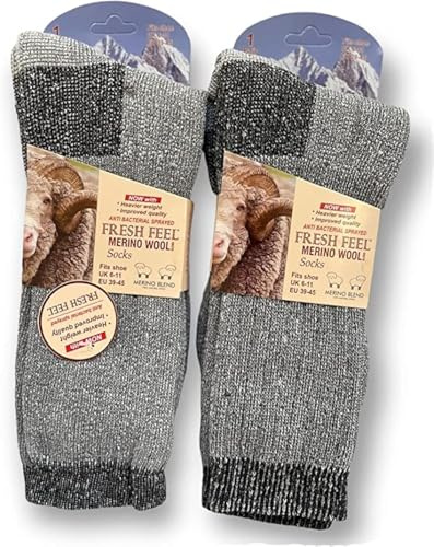 2 Pairs Men’s Merino Wool Socks Mens thick Heavy-Duty socks Winter warm comfortable Socks Mens breathable outdoor hiking trekking Socks Men sports thermal Multipack Gray Charcoal Socks UK Size 6-11