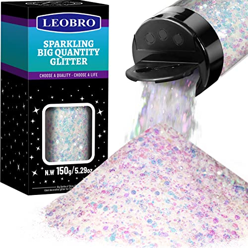 LEOBRO Holographische Chunky Glitter Weiß Chunky Glitter 150G/5.29OZ Handwerk Glitter für Harz Festival Kosmetische Chunck Glitter Flocken Pailletten für Körper, Gesicht, Handwerk...