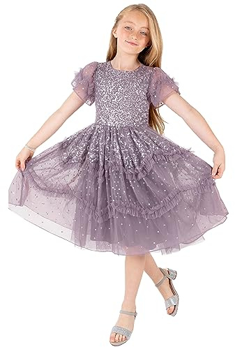 Maya Deluxe Girl's Dress Sequin Ruffles Frilly Sparkling Party Short Sleeve Midi Wedding Guest Tutu Frilly Kids Childrens Prom, Moody Lilac, 3-4 Years