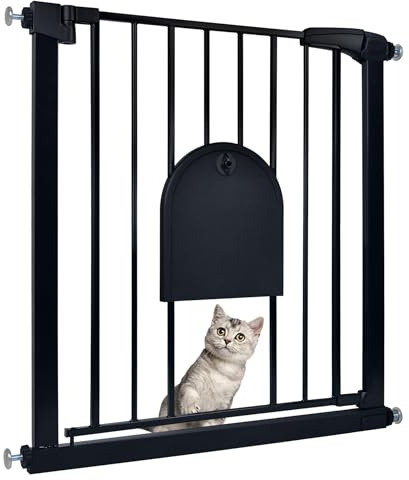 Froadp Dörrskyddsgaller för baby, trappgrind, 75–85 cm, barngaller utan borrning, dörrgaller med dörr för hundar och katter, svängbart avstängningsgaller för husdjur, svart