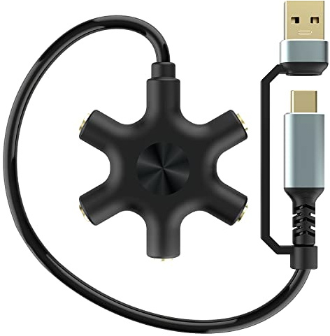 HIEbee USB A/C zu Kopfhörer Splitter, 5-Jack 3.5 mm Audio Kopfhörer Splitter Stereo Audio Headset Adapter, Audio Ohrhörer Stecker 5-Wege 1 Stecker auf 4 weibliche Splitter mit 3.5mm Stereo Kabel