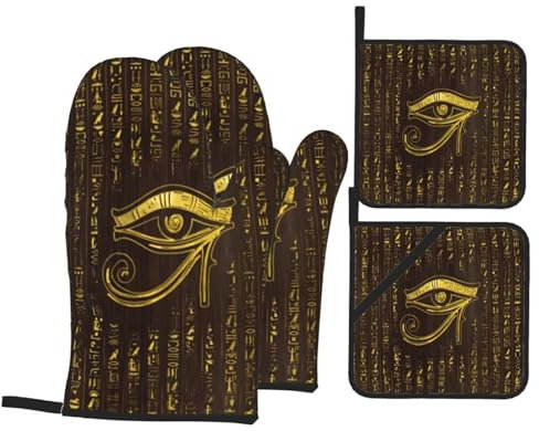 4 Stück Handschuh Set Goldene Ägyptische Hieroglyphen Auge Von Ofenhandschuh Hitzebeständige Topfhandschuhe Rutschfestes Grillhandschuhe Für Backen, Die Küche, Zum Grillen