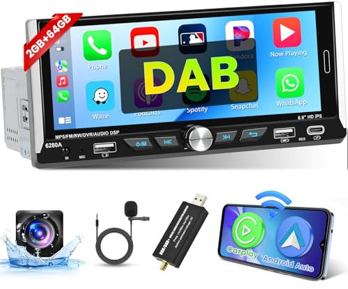 [2G+64G] Hikity DAB/DAB+ Autoradio Navi 1Din mit Wireless Carplay Android Auto,Android 13 6.9Zoll Touchscreen Din 1 Radio mit GPS WiFi Bluetooth Mirror Link FM AUX TF USB SWC Rückfahrkamera