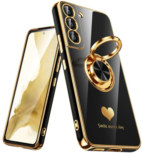 Nonional for Samsung Galaxy S22 5G Case, 360° Rotatable Ring Holder [Luxury Hearts Pattern] Plating Gold Edge Slim Soft Phone Cover Case for Galaxy S22 - Black