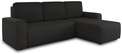 Sofnet Ecksofa Roma L mit Schlaffunktion und Bettkasten - Cord Stoff - L-Form Couch, Polstersofa, Schlafsofa, Sofagarnitur - Ottomane Universal (Schwarz (Poso 135))