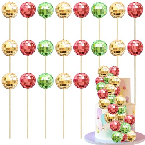 Ephlyn 24Pcs Christmas Disco Ball Cupcake Toppers and Picks - Mini Cake Decorations for 70s Disco Theme Party