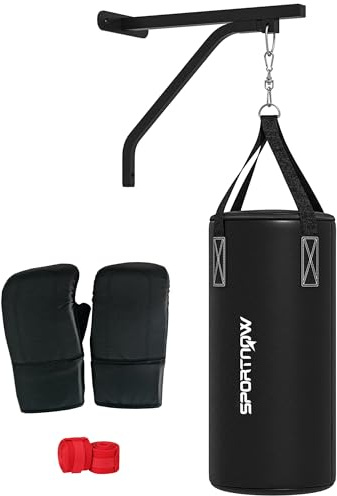 SPORTNOW Boxsack Wandhalterung Boxsack Ständer mit Handschuhen, Handschlaufen und 360°-Drehhaken Einstellbare Halterung für Punch Bag, Sandsäcke, Stahl, Schwarz