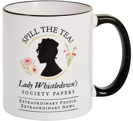 Elbenwald Taza con texto Spill the Tea! Society Papers - 320 ml de capacidad 9 cm de altura - Taza de café para fans - Cerámica - Blanco