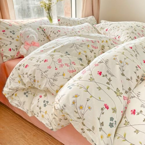 Nayoroom Bettwäsche 200x220 Baumwolle 3teilig Blumen Rosa Blümchen Aesthetic Cute Blumig Beige Bettbezug Set Floral Pflanzenmuster Blumenwiese Deckenbezug mit Reißverschluss und 2 Kissenbezüge 80x80