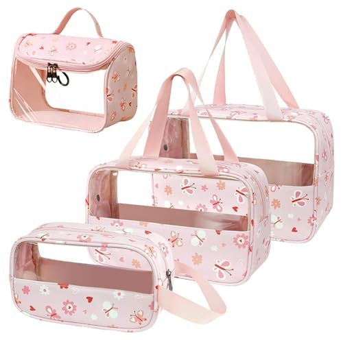 HWSWSH 4 Pcs Bolsas de Aseo Transparente Bolsas Neceser Transparente Bolsa de Vuelo para Líquidos Bolsas Portátil Bolsas de Maquillaje Cosméticos de PVC con Cremallera para Baño Viaje Gimnasio Rosa