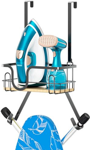 XILIMEN Wall Mount/Over The Door Ironing Board Hanger with Large Storage Basket & Removable Hooks, Iron and Ironing Board Holder Storage for Laundry Room (Black)