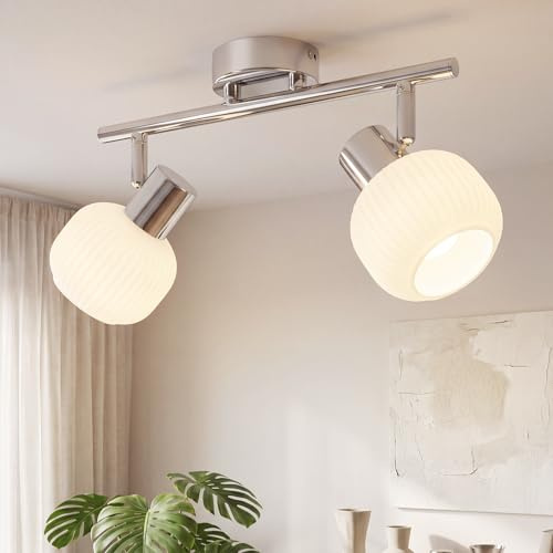 Deboola Deckenstrahler 2 Flammig Deckenleuchte Flur - Deckenlampe Weiß Deckenspots Vintage Glas Strahler Innen E14 Morden Design 350°Schwenkbar Spots für Schlafzimmer Wohnzimmer(Ohne Leuchtmittel)