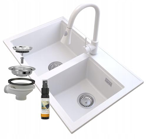 Granitan - Évier en granit Hektor blanc - Double bac - Avec siphon chromé et robinet de cuisine Snake - Moderne et fonctionnel - 800 x 500 mm - Fabriqué en Pologne