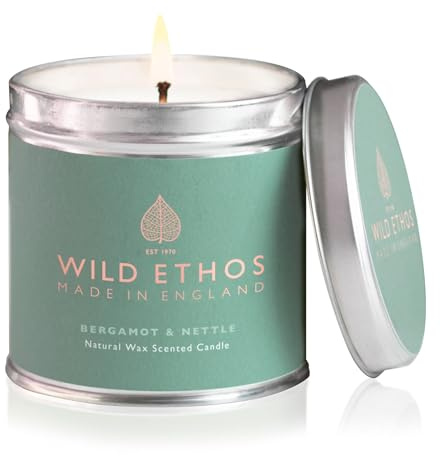Wild Ethos Naturals Premium Scented Natural Wax Tin Candle - Bergamot & Nettle Scent - Hand-Poured in UK - Burn Time 40+ Hours - Natural Ingredients for Less Smoke & Slow Burn