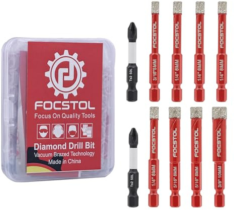 FOCSTOL Foret Diamant Carrelage 10 pièces, Scie Cloche Carrelage avec Changement Rapide Tige Hexagonale pour Céramique Marbre Granit Quartz, 5/6/8/10mm