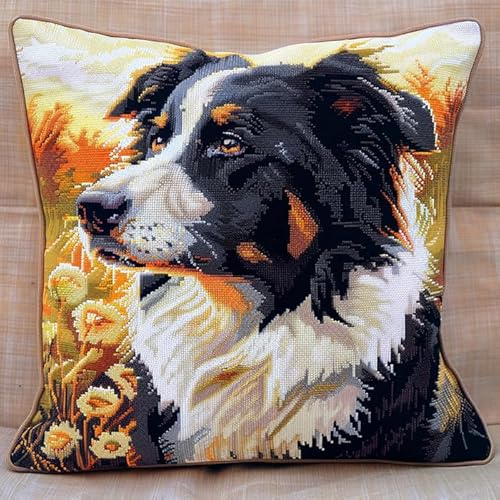 WallustrioaW Tier Hund knüpfteppiche & knüpfkissen Kissenbezug,Border Collie Haustier,Choices Knüpfteppich Zum Selber Knüpf-Sets mit Kissen knüpfen-Set,43x43cm