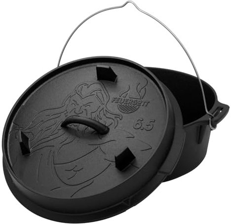 Feuergott Dutch Oven Cocotte en fonte sans pieds 6,5 l – Cocotte avec couvercle pour barbecue, feu de camp, barbecue – pour la cuisson du pain, braiser, rôtir et cuisiner, convient au four et à