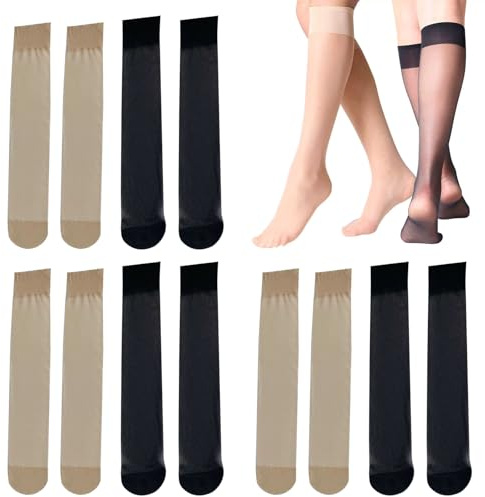 6 Pairs Pop Socks Knee High Socks, Black Nude Breathable Women’s Knee-Highs Tights, Lightweight Knee-High Stockings, Comfortable Non-Slip Women's Pop Sock for Everyday Wear, Summer, and Office Use