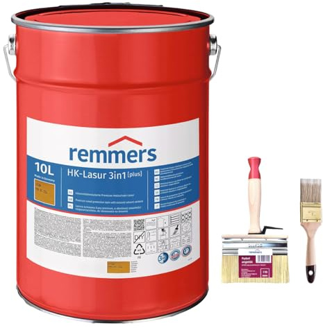 RemmersSet HK-Lasur 3in1 Plus + Pinsel Bandloo Set – Holzlasur für Außenbereich: Imprägnierung, Grundierung & Lasur in einem, Schutz vor Feuchtigkeit & UV-Strahlung, Varnish (Kiefer, 10 L)