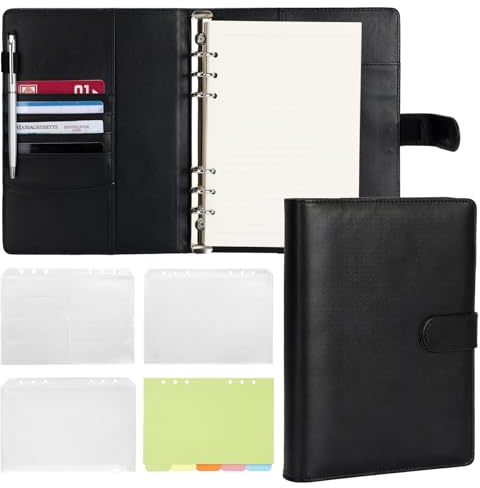 FYY Leather A5 Ring Binder Notebook, 6 Ring Travel Journal with 100gsm Refill Papers, Binder Pockets and Dividers, Personal Writing Planner for School, Office, Home, Meeting Black