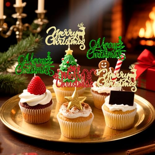 Merry Christmas Cupcake Toppers Xmas Muffin Food Picks for Merry Christmas New Year Holiday Shower Birthday Party Supplies 12 PCS