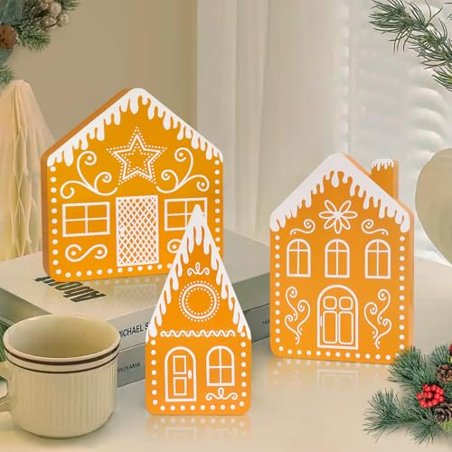 Weihnachtsdeko Tisch Holzhaus 3er Set, Weihnachtsdeko holz,Holzhaus Wichtel, Tischdeko Weihnachten, Lebkuchenhaus DekoGingerbread House Freie Kombination，Advent Weihnachts Dekoration