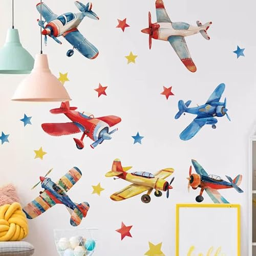 SHUCHING Wandtattoo Flugzeug Aquarell, Wandsticker Flugzeuge Bunte, Selbstklebend Wandaufkleber für Spielzimmer Kinderzimmer Babyzimmer