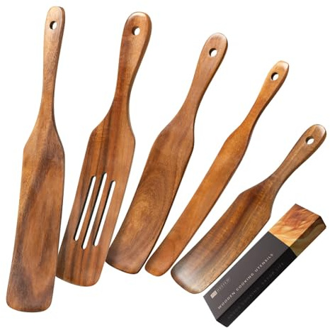Hefild Wooden Spatulas for Cooking Set of 5, Teak Spatula Set with Ergonomic Handles, Nonstick Safe Wooden Spoons for Cooking, Wood Utensil Set for Kitchen, Smooth Handcrafted Wood Spurtle