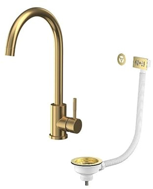 Bronx Brushed Brass Mono Kitchen Tap with Waste and Overflow Covers | Kitchen Tap | Brushed Brass | Single Lever | Inc Basket Strainer and Overflow Covers | Swivel Spout |