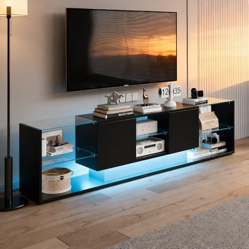 BRILVERDE Modernem TV Schrank mit LED, Fernsehtisch mit 2 Schließfach, Hochglänzendes TV-Lowboard, Wohnzimmer-Beistelltisch mit Glasablage, Aufbewahrungsschrank in Holzoptik (Schwarz)