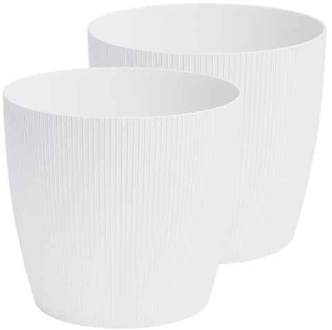 Home Garden Ornaments Plant Pots Indoor – Modern Design, Striped Plastic Plant Pots, 2 Pack (White, 15.5cm / 6.1 inch)
