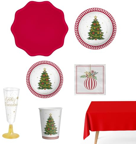 OH YEAH - Kit de vaisselle de Noël jetable 12 personnes sapin - 90 pièces - assiettes, gobelets, serviettes et nappe - Décoration de table de Noël - Motif sapins avec ornements - Célébrations de Noël