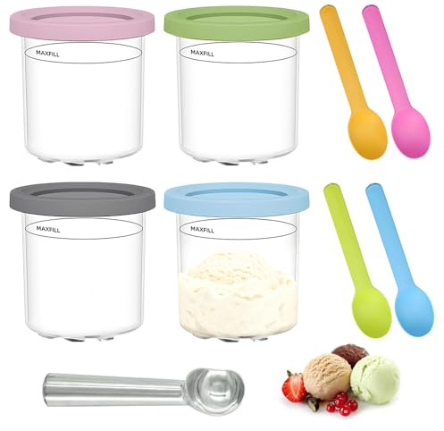 HMCEY 4 PCS Recipiente Helado para Ninja Creami 450 ML,Contenedor de Helado con Cuchara y 4 Cucharas de Plástico,Taza para Helado con Tapa para Maquina de Helados Ninja NC299AMZ, C300s - 4 Colores