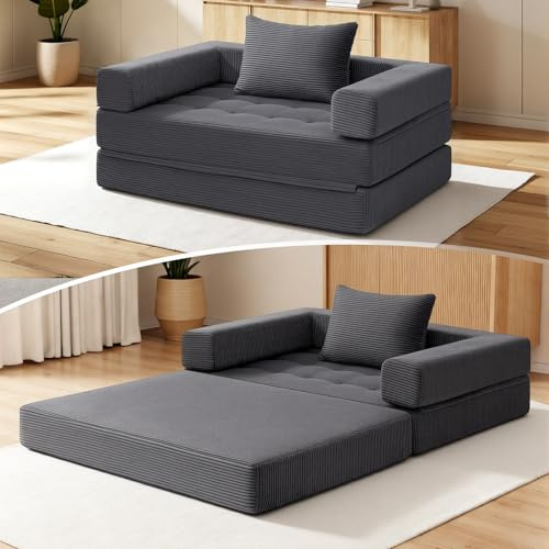 HOMMPA Faltbares Schlafsofa umwandelbarer 5-in-1 Sofa Bett Schlafsessel mit Kissen Helfen Sitzsack-Sofa Stuhl Komfortable Schlafcouch Bodensofa-Lounge Gästebett für Schlafzimmer Wohnzimmer Grau 128CM