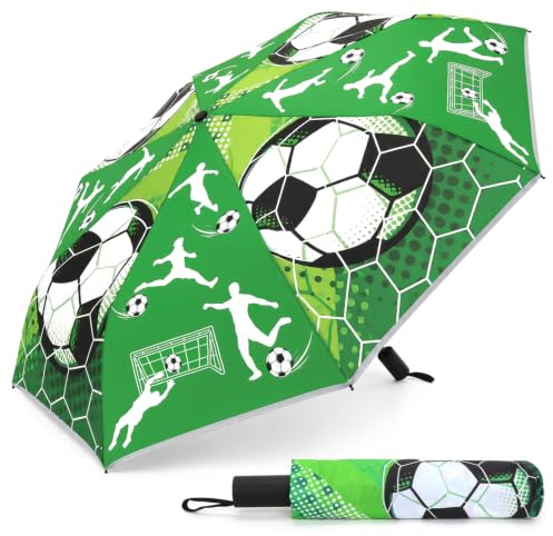 Augesak Regenschirm Kinder Reflektierend, Kinderregenschirm Jungen Mädchen,Windsicher Sturmfest,Taschenschirm Kinder,Regenschirm Schulranzen Leicht,Einschulungsgeschenke,90cm-Fußball
