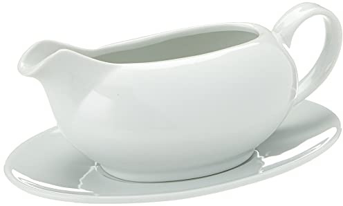 Concept4u Roast Kitchen Wedding Gravy Boat 550ml with Saucer Party Dish Dinner Tableware Sauce Jug Serving, Porcelain, White