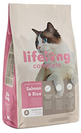 Amazon-Marke: Lifelong - Complete Komplett Trockenfutter für ausgewachsene Katzen, Lachs und Reis, 3kg, 1er-Pack