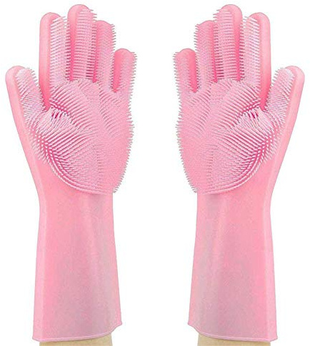 DUBENS Silikon-Handschuhe Wash Scrubber Waschhandschuh, Hitzebeständige Spülhandschuhe Reinigungsbürste für für Reinigung, Haushalt, Geschirrspülen, Das Auto Waschen, Pet Hair Care (Rosa)